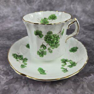 Hammersley & Co Lucky Shamrock Tea Cup & Saucer Bone China Gold Trim Vintage